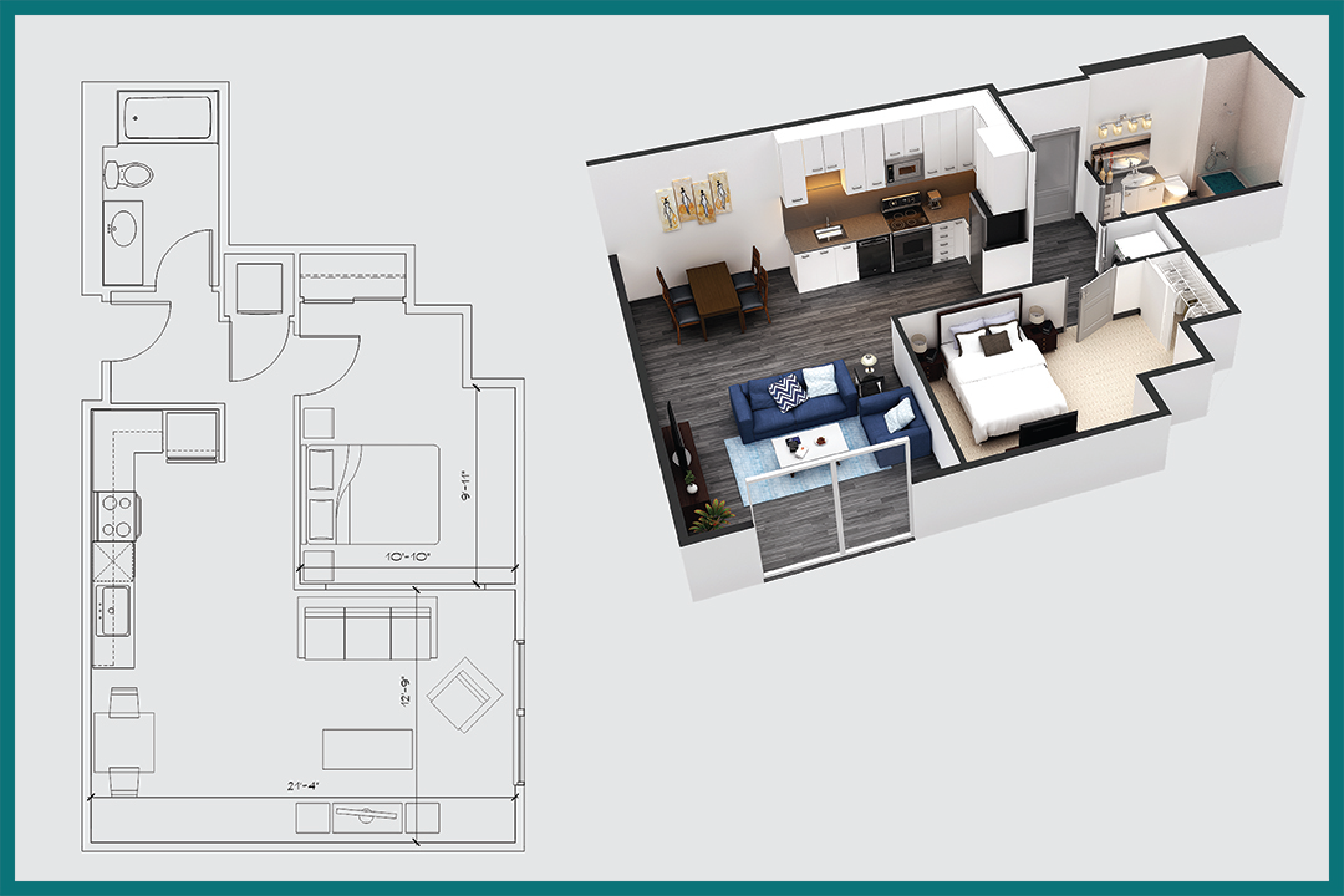 Floor plan for 1 bed, 1 bath, 696 sqft